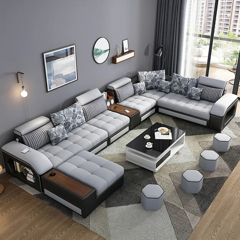 Modern Style Fabric Sectional Sofa Cum Bed Couch Living Room Sofas Set Home Furnture Luxury u shaped Corner sofa set 7 seater