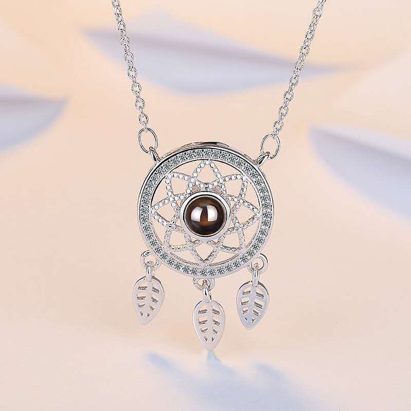 Trendy Silver Collarbone Chain Necklace with Dreamcatcher Projection 100 Languages 'I Love You' for Valentine's Day Gift