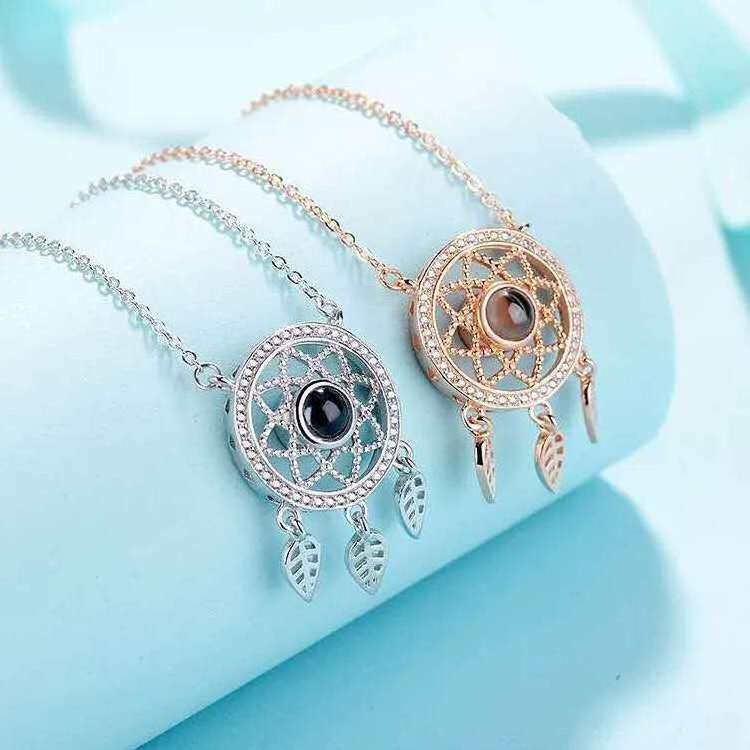 Trendy Silver Collarbone Chain Necklace with Dreamcatcher Projection 100 Languages 'I Love You' for Valentine's Day Gift