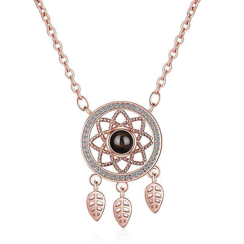 Trendy Silver Collarbone Chain Necklace with Dreamcatcher Projection 100 Languages 'I Love You' for Valentine's Day Gift