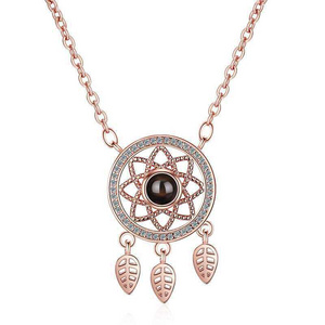 Trendy Silver Collarbone Chain Necklace with Dreamcatcher Projection 100 Languages 'I Love You' for Valentine's Day Gift