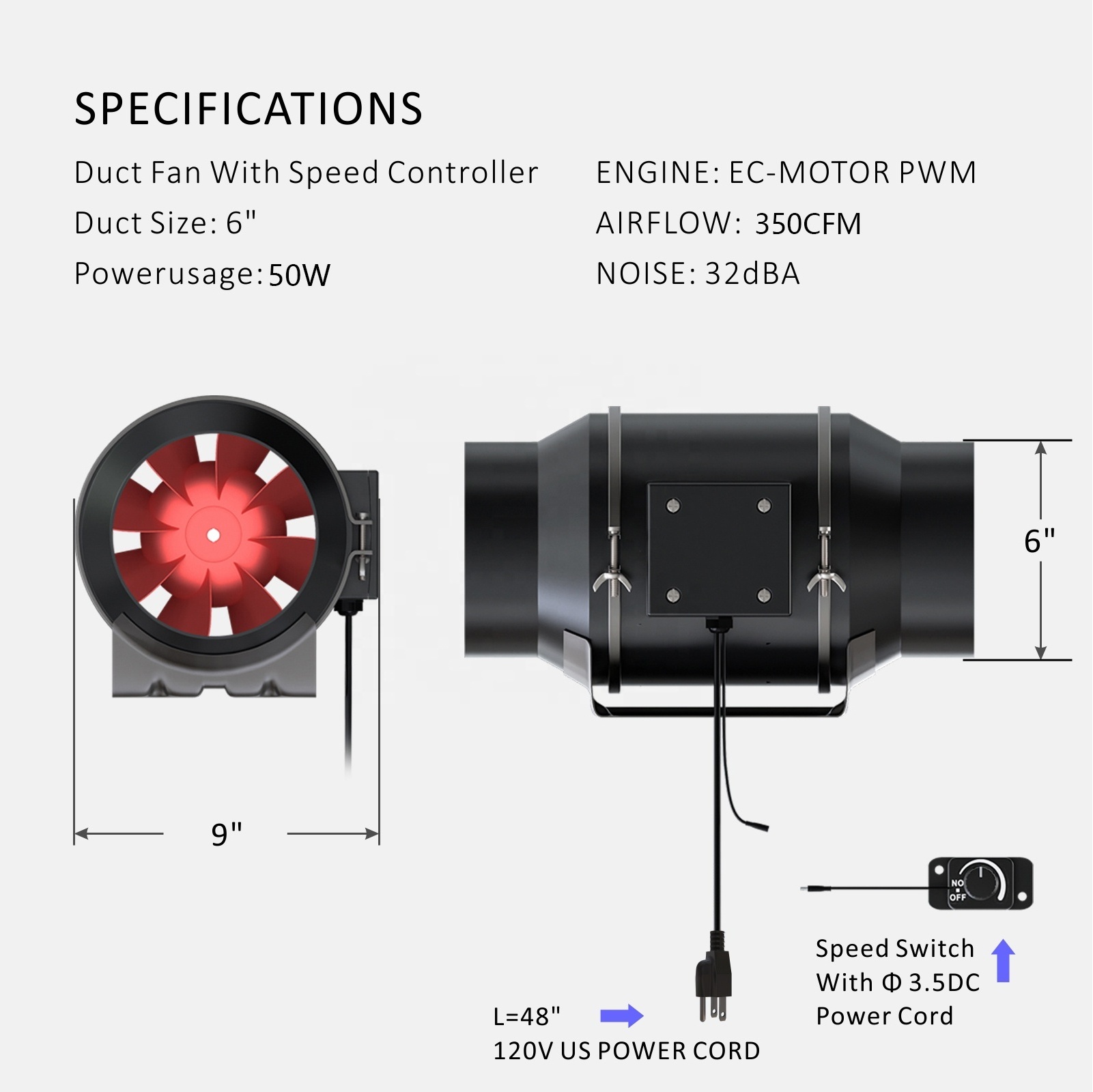 Quiet 6 inch Duct Fan with 0-100% External knob speed regulation for grow Hydroponics tent exhaust fan US standard plug