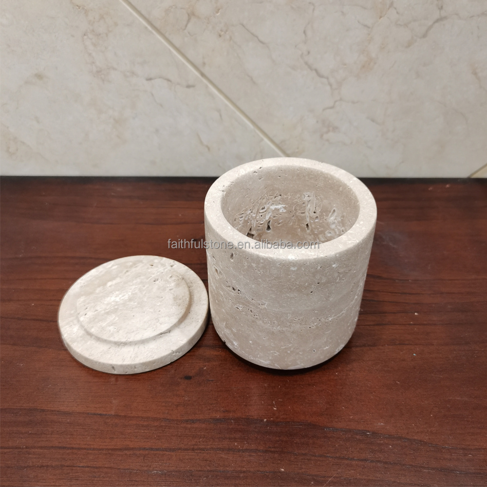 custom wholesale natural white black yellow empty marble travertine onyx stone candle jars with lid