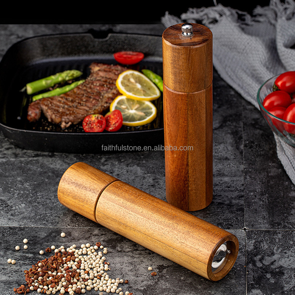 wholesale 8 inches mini acacia wood salt and pepper mill grinder set for kitchen