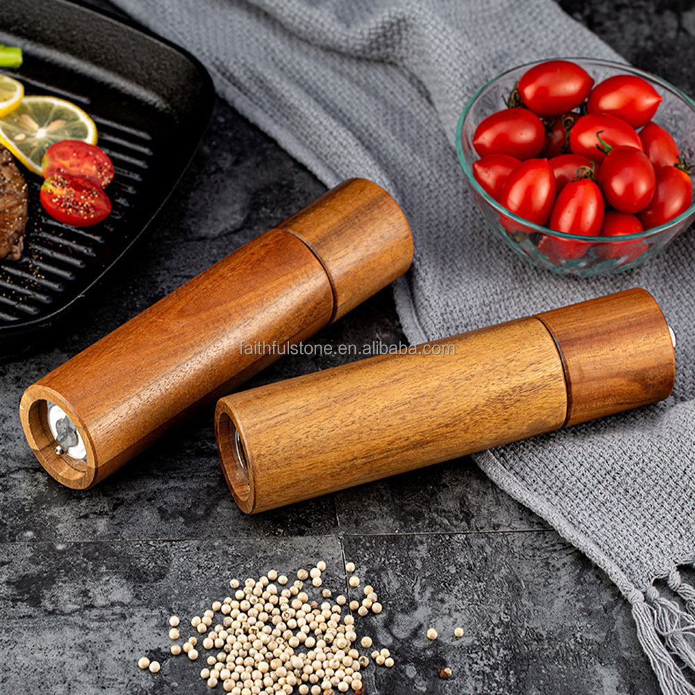 wholesale 8 inches mini acacia wood salt and pepper mill grinder set for kitchen