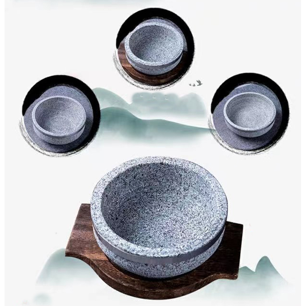 wholesale natural dark grey granite stone bowl custom hot granite bowls with wood stand