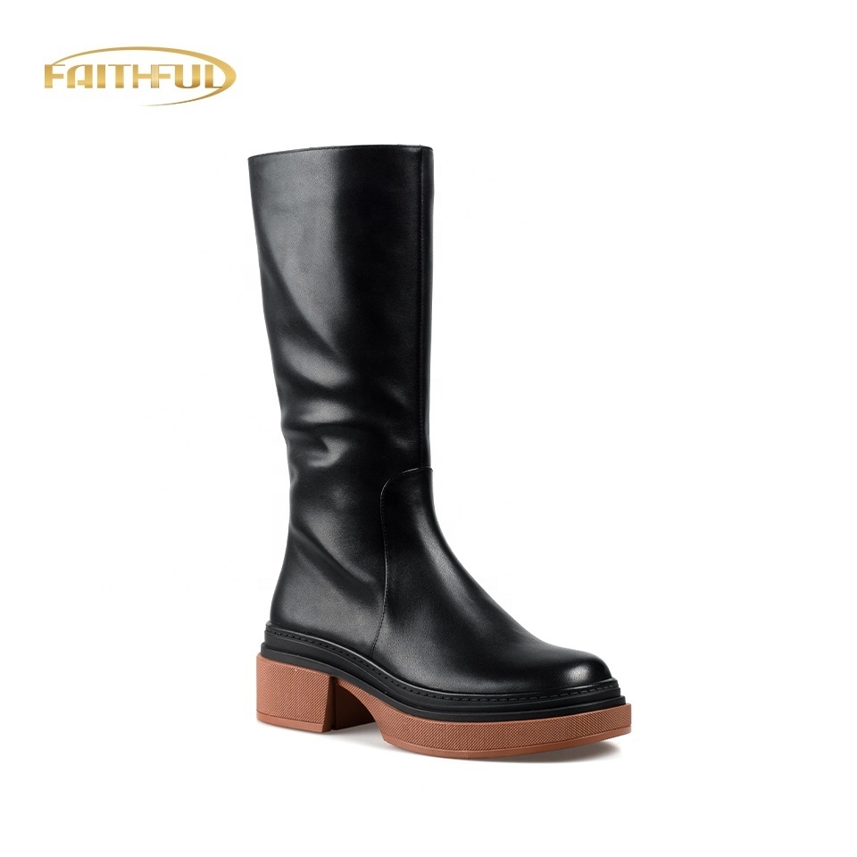 NEW Ladies Shoes Flats Knee High Leather Boots Thigh Wide Shaft Long Boots Block Waterproof Boots For Women Shoes