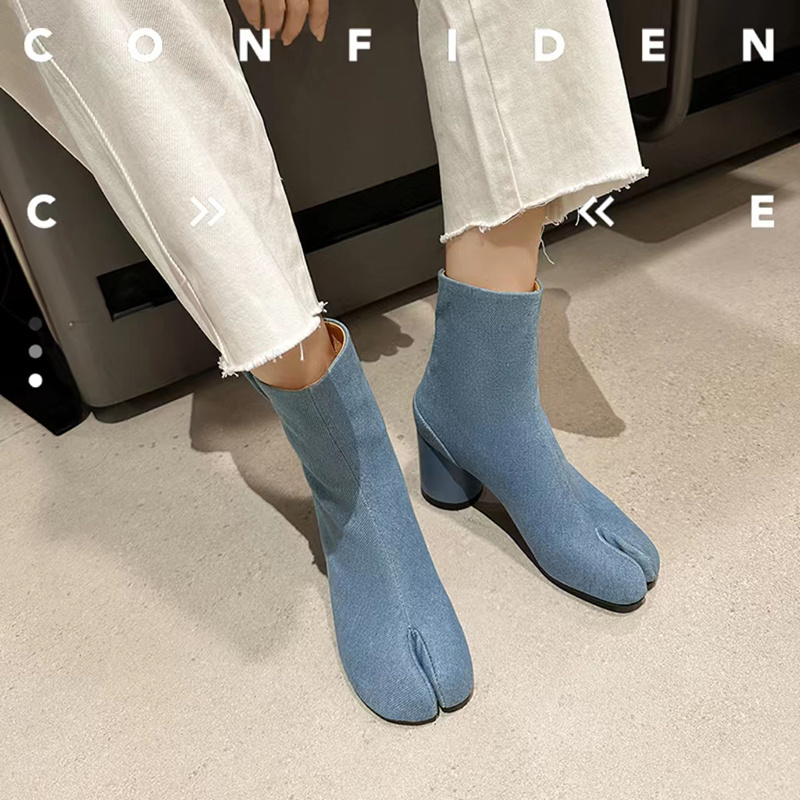 New Custom Winter Platform Boots Denim Design Split Fashion Toe Ankle Boots Women Mid Denim Boot for Women