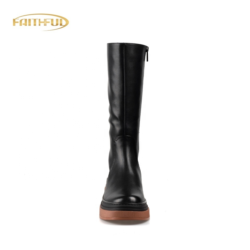 NEW Ladies Shoes Flats Knee High Leather Boots Thigh Wide Shaft Long Boots Block Waterproof Boots For Women Shoes