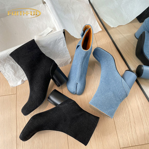 New Custom Winter Platform Boots Denim Design Split Fashion Toe Ankle Boots Women Mid Denim Boot for Women