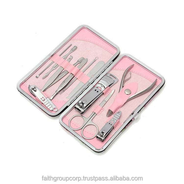 Hot Sale professional Beauty Instruments Kit 12 Pcs stainless steel with nail clipper case toe nail clipper set