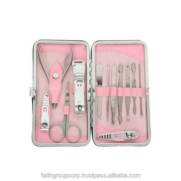 Hot Sale professional Beauty Instruments Kit 12 Pcs stainless steel with nail clipper case toe nail clipper set