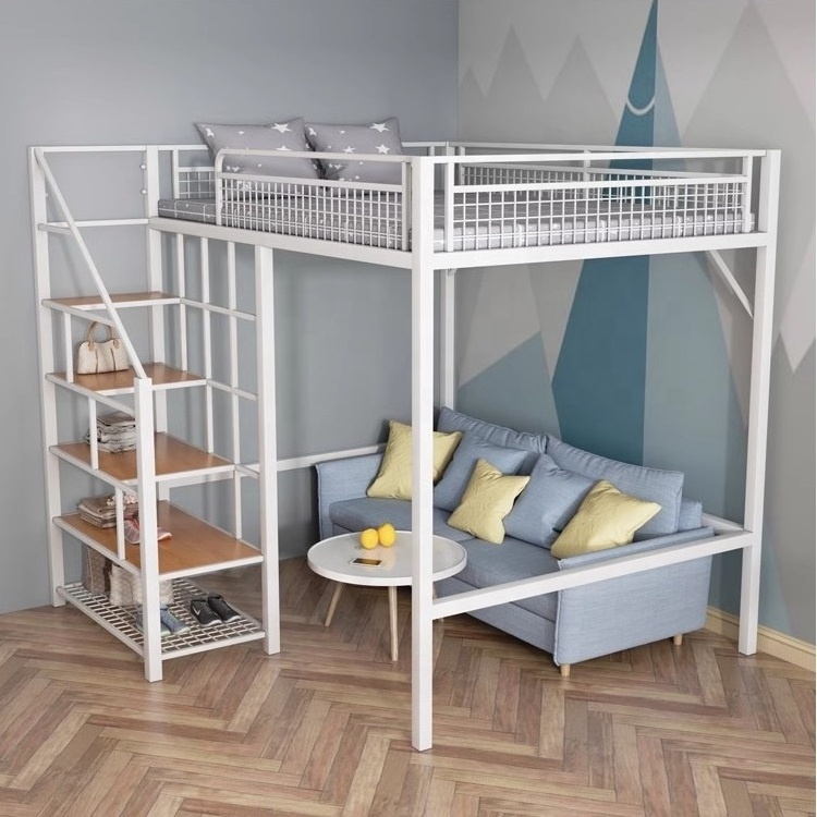 Metal steel queen size loft bunk bed set with desk and storage locker dormitory for school students