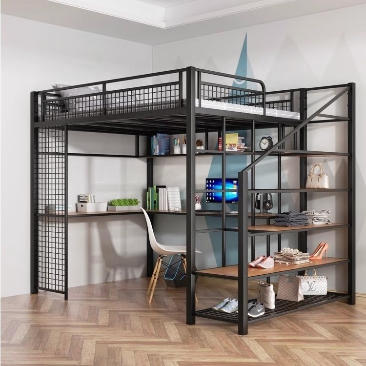 Metal steel queen size loft bunk bed set with desk and storage locker dormitory for school students