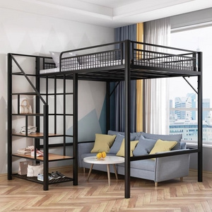 Metal steel queen size loft bunk bed set with desk and storage locker dormitory for school students