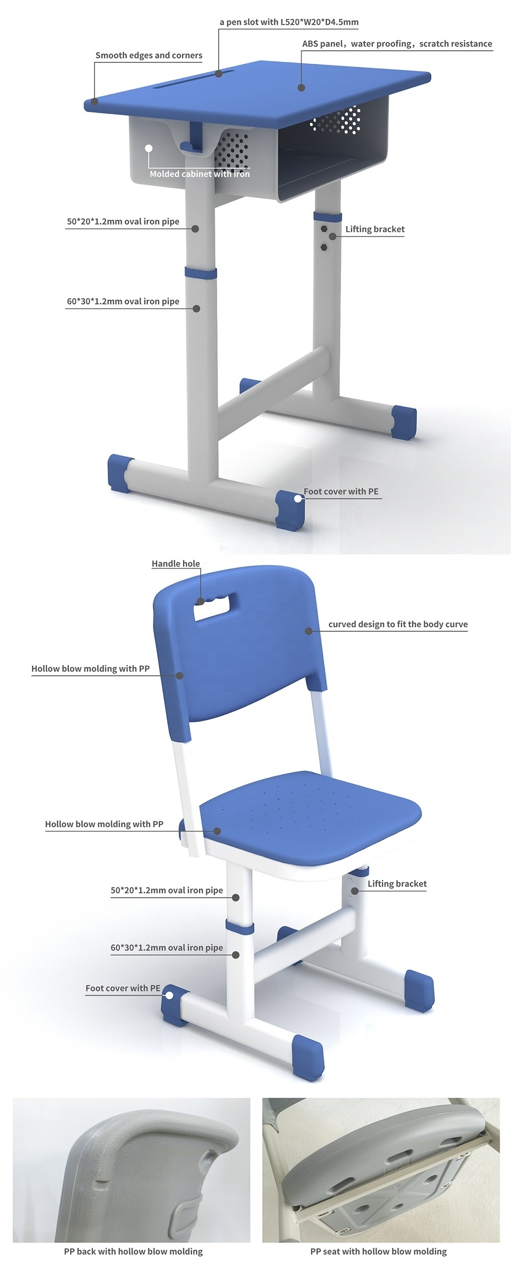 Single seater school college classroom student study table and chair set desk customization design