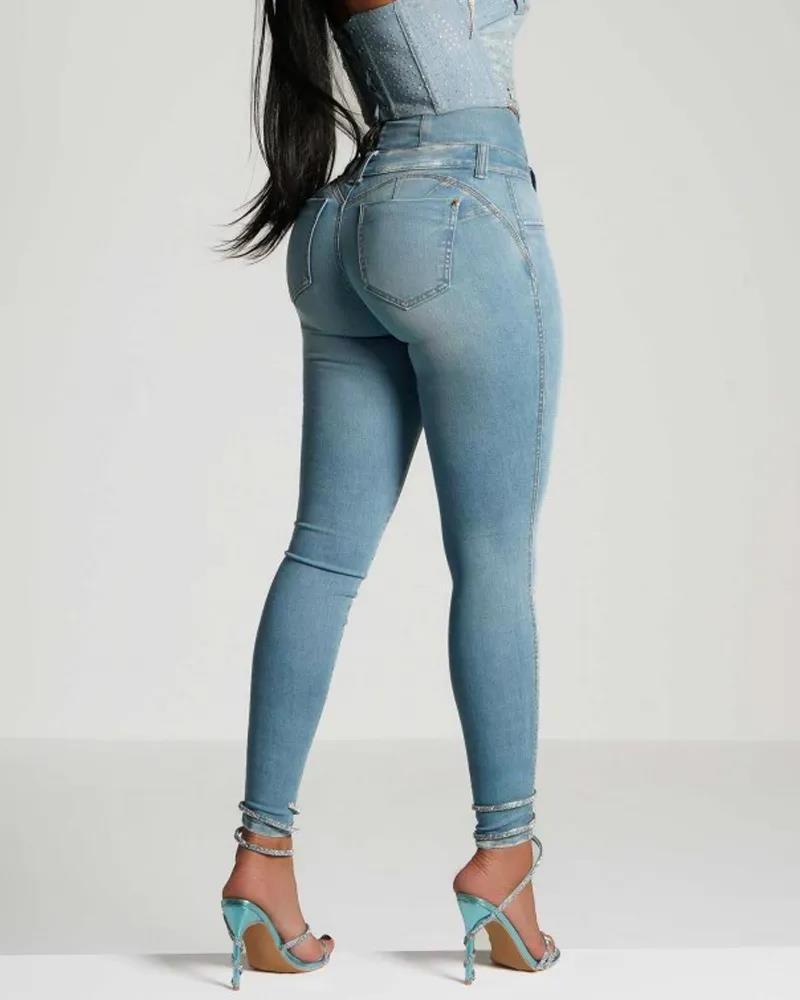 High-waisted Back-zip Skinny Jeans Black Skin-friendly Jeans Ultra-thin Super Stretch Skinny Pencil Pants Hip to Sexy Sigure Mid