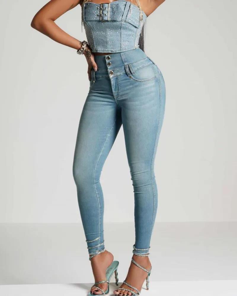 High-waisted Back-zip Skinny Jeans Black Skin-friendly Jeans Ultra-thin Super Stretch Skinny Pencil Pants Hip to Sexy Sigure Mid