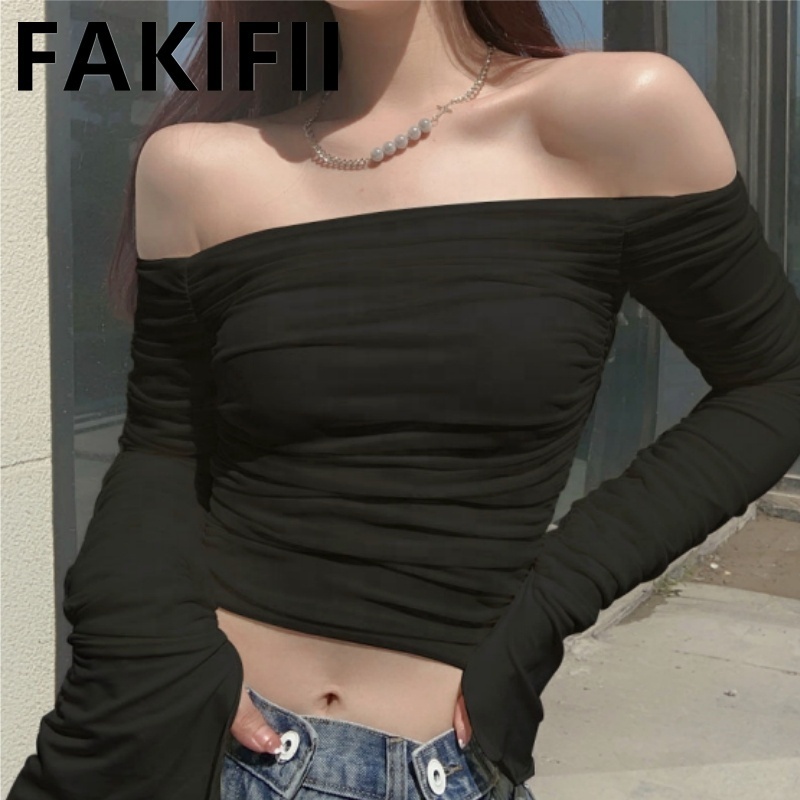 In Stock 2024 Ladies Off Shoulder Mesh Ruched Crop Tops Slim Blouses Summer Sexy Elegant Shirts Female Women' Blouses Women's