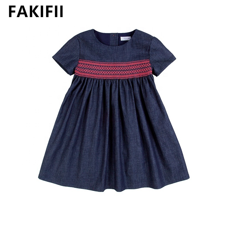 Fakifii High Quality Fashion Wholesale Kids Summer Clothing Girls' Casual Navy Cotton Smocked Dresses Baby Girl Clothes