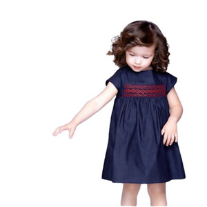 Fakifii High Quality Fashion Wholesale Kids Summer Clothing Girls' Casual Navy Cotton Smocked Dresses Baby Girl Clothes