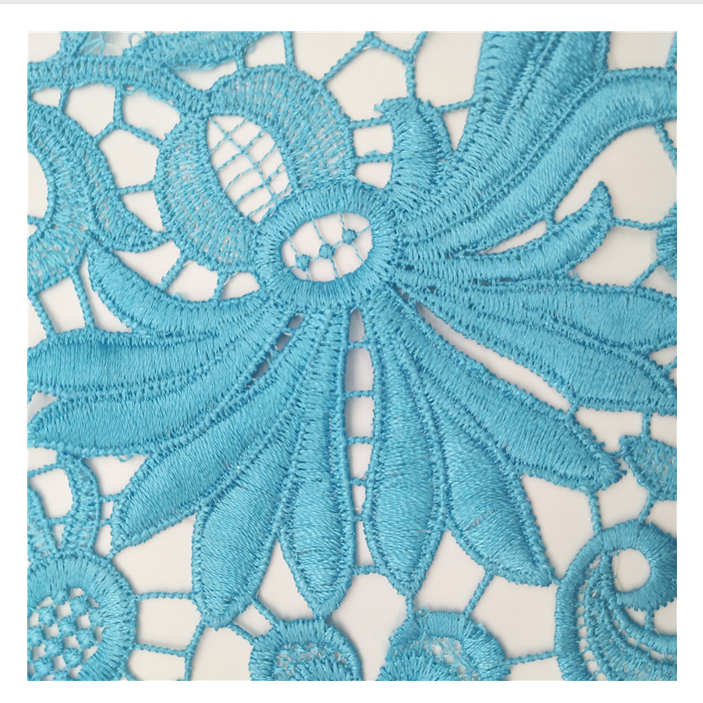 Delicate milk silk Polyester guipure chemical blue lace fabric for women