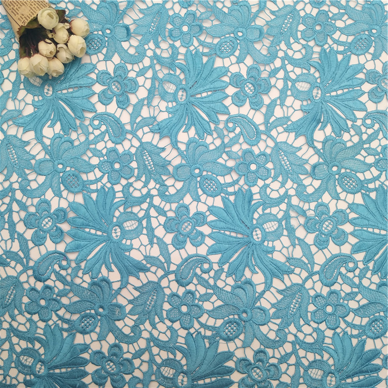 Delicate milk silk Polyester guipure chemical blue lace fabric for women