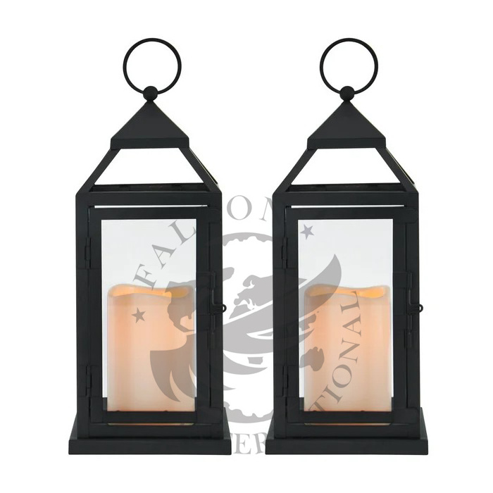 New Arrival Wooden Base With Metallic Frame Black Color Modern Lantern Rectangular Long Pillar Lantern For Decoration