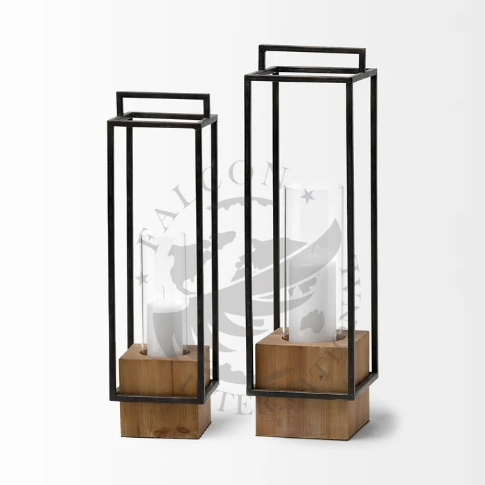 New Arrival Wooden Base With Metallic Frame Black Color Modern Lantern Rectangular Long Pillar Lantern For Decoration