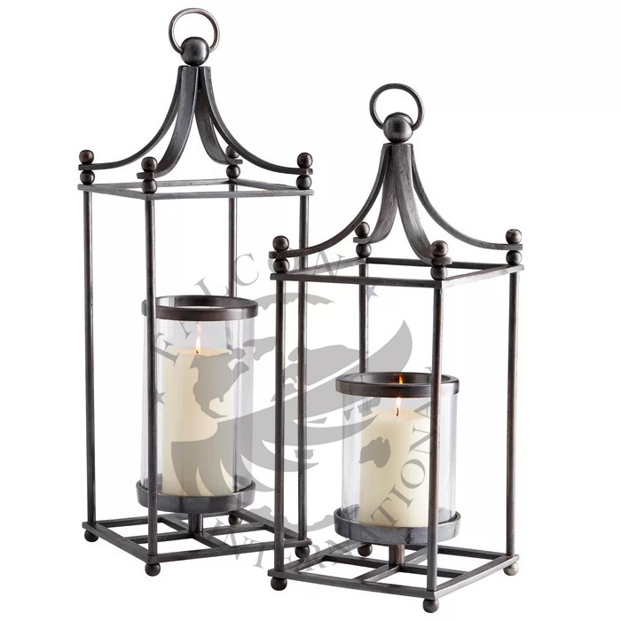 New Arrival Wooden Base With Metallic Frame Black Color Modern Lantern Rectangular Long Pillar Lantern For Decoration