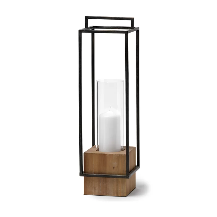 New Arrival Wooden Base With Metallic Frame Black Color Modern Lantern Rectangular Long Pillar Lantern For Decoration