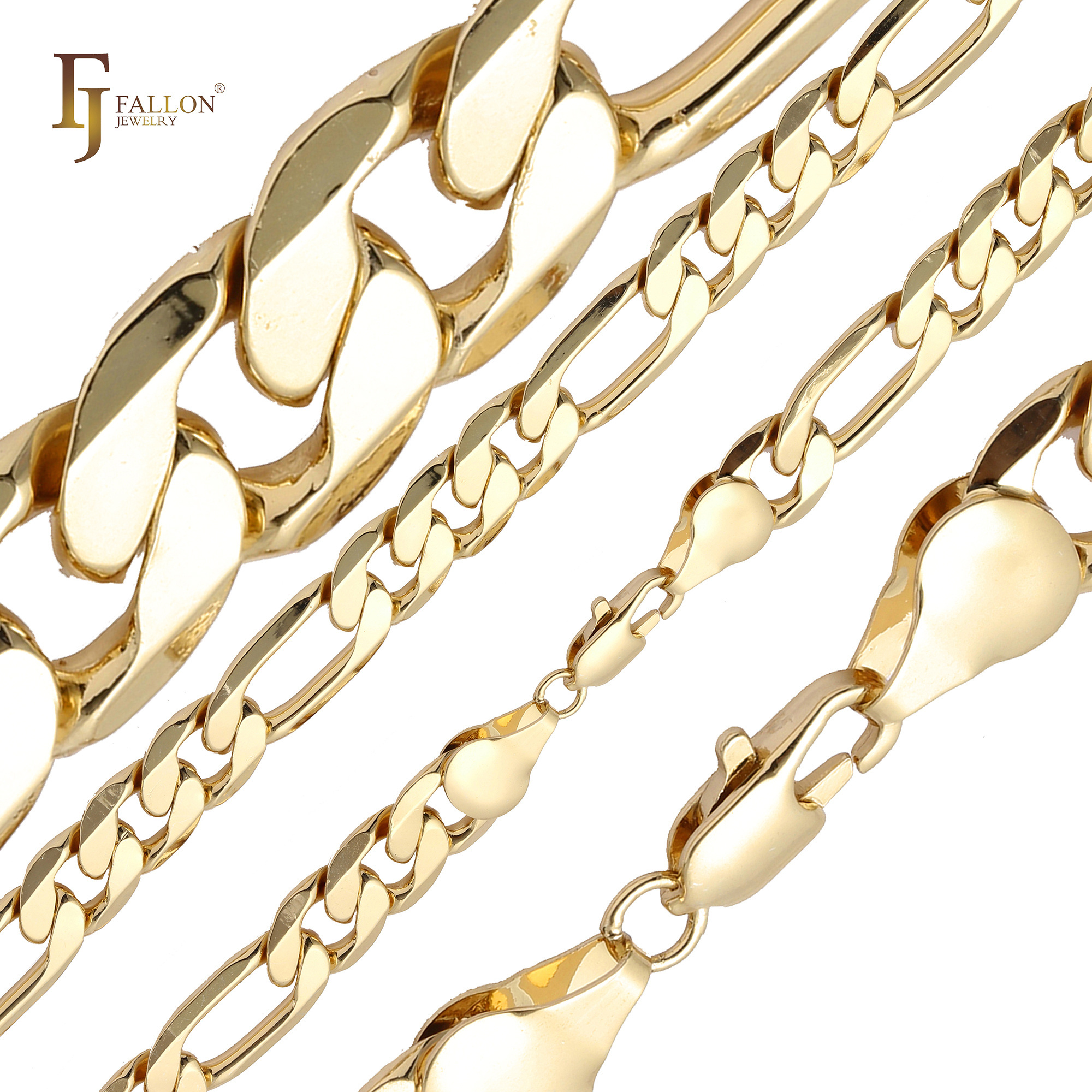 54120044 FJ Fallon Fashion Jewelry Classic Figaro Link Chains [Wide >9mm] Plated In 14K Gold Brass Based