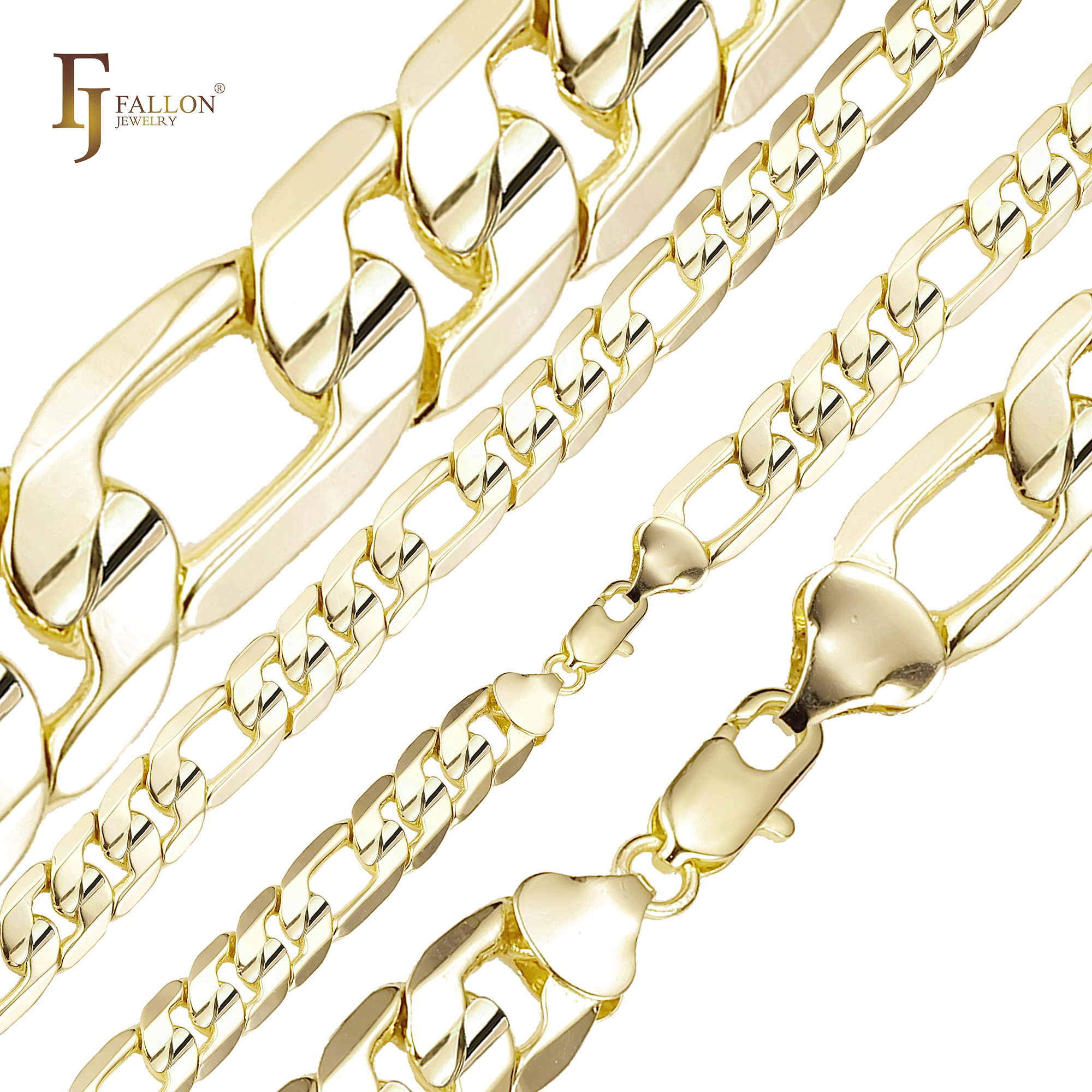 54120121 FJ Fallon Fashion Jewelry Figaro Link Center Groove Hammered Chains Plated In 14K Gold Brass Based