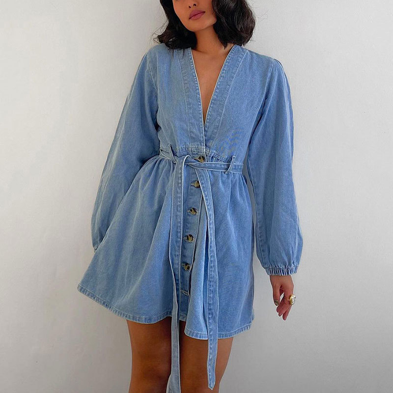 Autumn Spring Sexy Denim Dresses For Women Fashion V-neck Long Sleeve Lace-up Mini Dress Elegant Lady Casual Dress