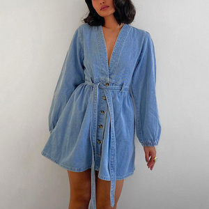 Autumn Spring Sexy Denim Dresses For Women Fashion V-neck Long Sleeve Lace-up Mini Dress Elegant Lady Casual Dress