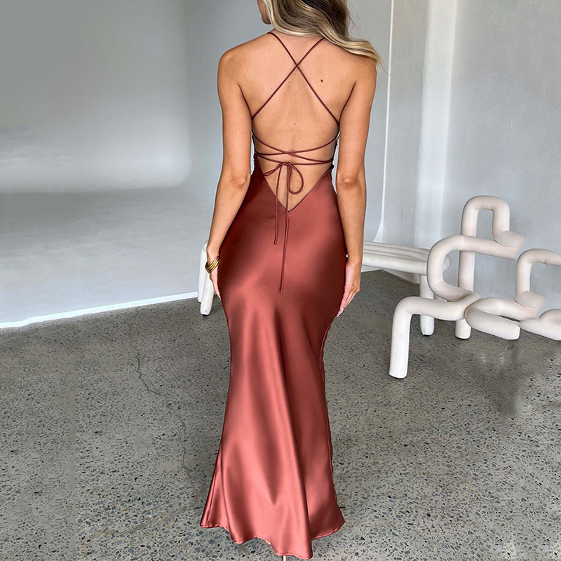 Summer Satin Sexy Backless Lace Up Club Party Maxi Dress for Women Outfits Elegant Prom Slip Dress Vestidos