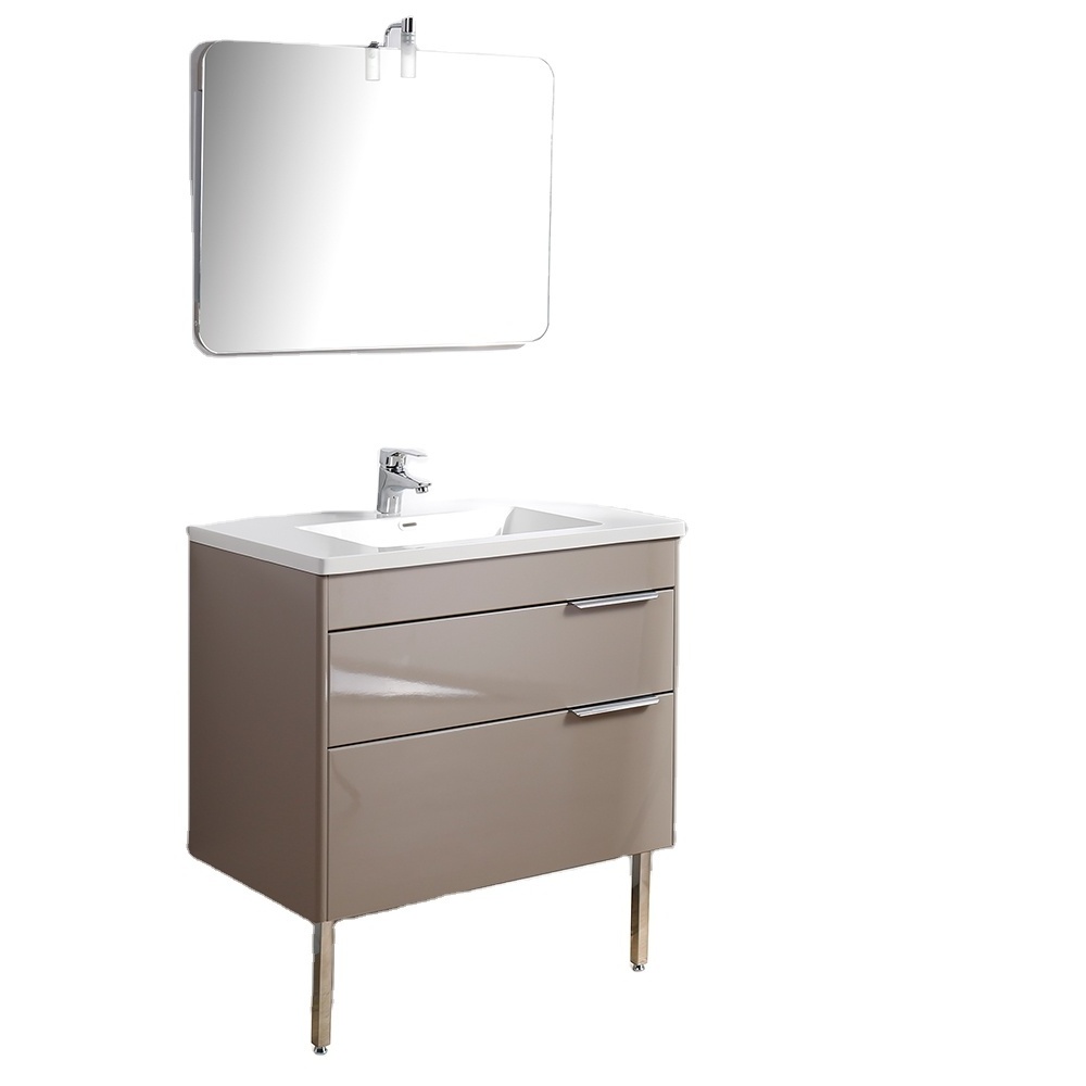 Modern Vanity Bathroom Furniture Custom Vanities Floor Standing Cabinet with Sink Metal Handle and Leg Round Silver Mirror bathr Kitchen Cabinets