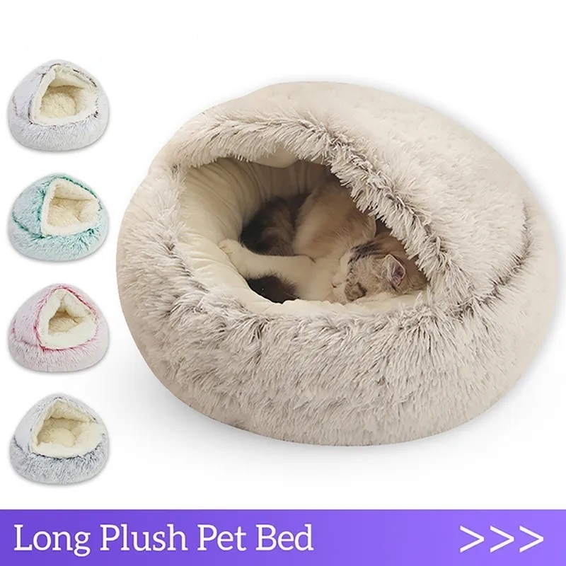 Winter Long Plush Pet Bed Round Cat Cushion Cat House 2 In 1 Warm Pet Basket Dog Sleep Bag Dog Nest Kennel