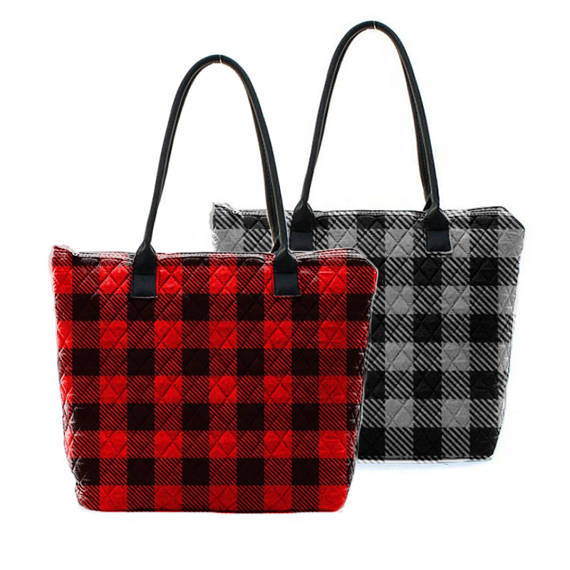 Red And Black Plaid Quilted Tote Bag Wholesale Women Personalized Leather Handbag Polyester Cotton Buffalo Plaid Quilted Handbag