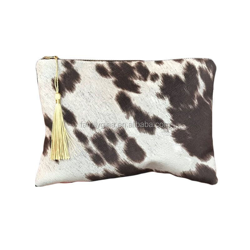 Wholesale Eco Friendly Faux Leather Cow Print Clutch Bag Black Brown PU Cowhide Purse