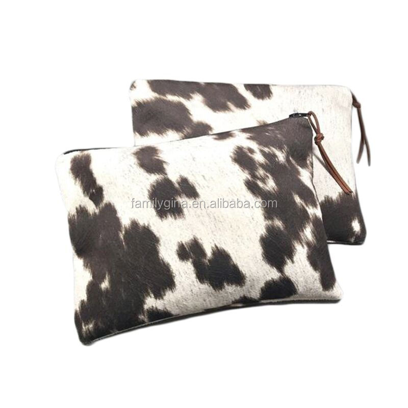 Wholesale Eco Friendly Faux Leather Cow Print Clutch Bag Black Brown PU Cowhide Purse