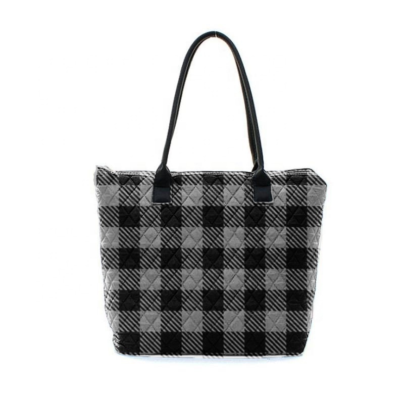 Red And Black Plaid Quilted Tote Bag Wholesale Women Personalized Leather Handbag Polyester Cotton Buffalo Plaid Quilted Handbag