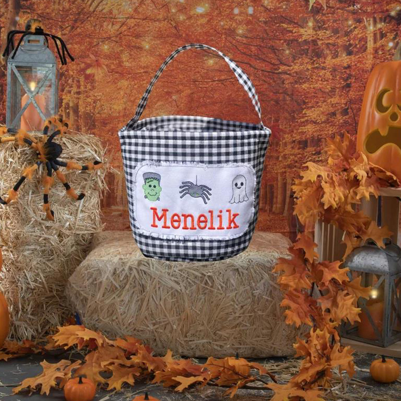 Wholesale Gingham Halloween Baskets Plaid Halloween Bucket Candy Bags Party Decoration