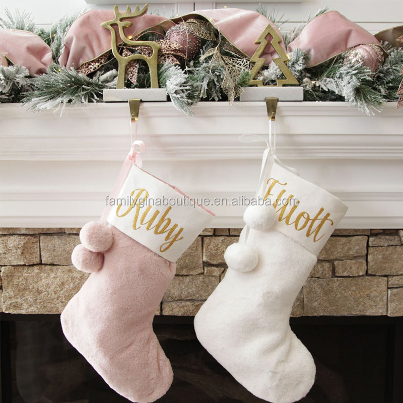 Wholesale Custom Decor Ornament Santa Socks Pink Plush Sublimation Christmas Stockings