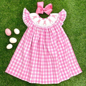 Wholesale Custom Sweet Dress Monogram Gingham Easter Bunny Smocked Bishop Dress For Girls Kids