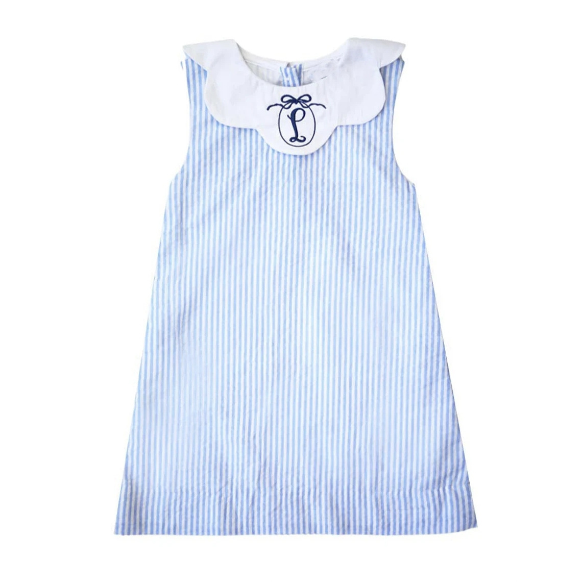 Wholesale Summer Seersucker Sleeveless Dress Blue Stripe Baby Girl Toddler Baby Girl Dress