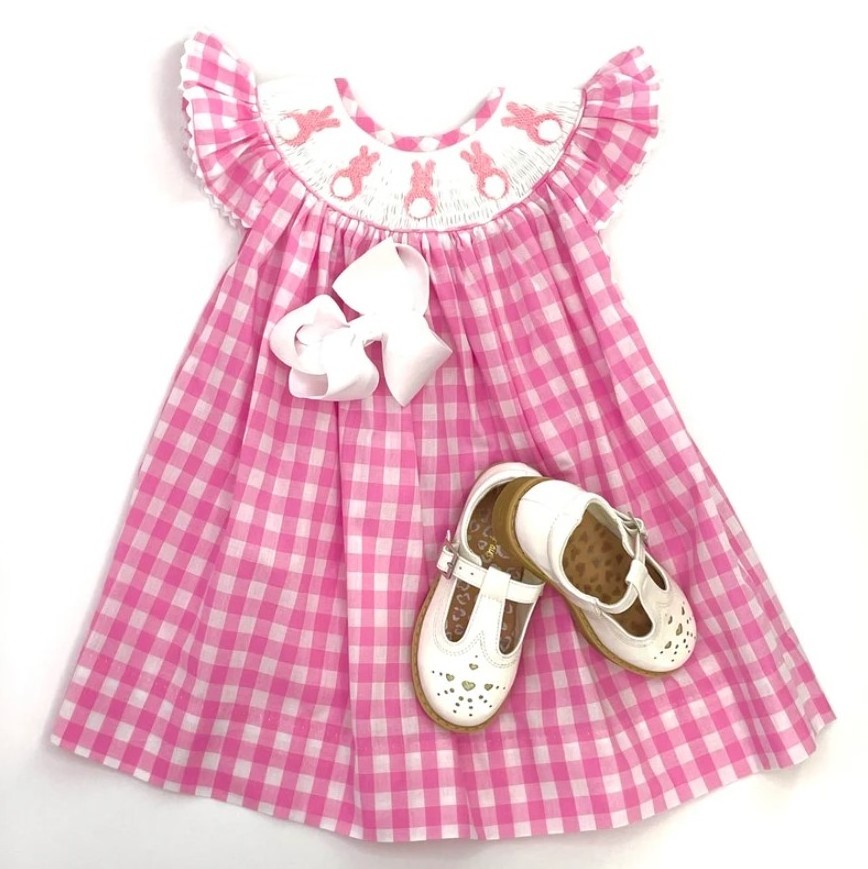 Wholesale Custom Sweet Dress Monogram Gingham Easter Bunny Smocked Bishop Dress For Girls Kids