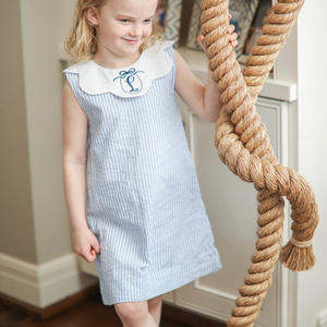 Wholesale Summer Seersucker Sleeveless Dress Blue Stripe Baby Girl Toddler Baby Girl Dress