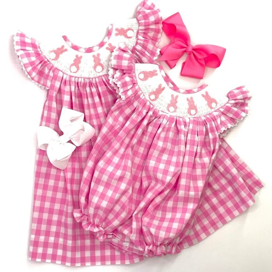 Wholesale Custom Sweet Dress Monogram Gingham Easter Bunny Smocked Bishop Dress For Girls Kids