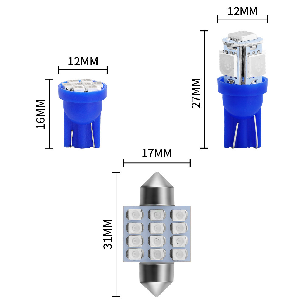 13pcs/set 6500K White Blue 5SMD /12SMD/ 8SMD Car LED Bulbs 31mm C5W Doom Light T10 W5W Map Reading Light License Plate Lamp Bulb